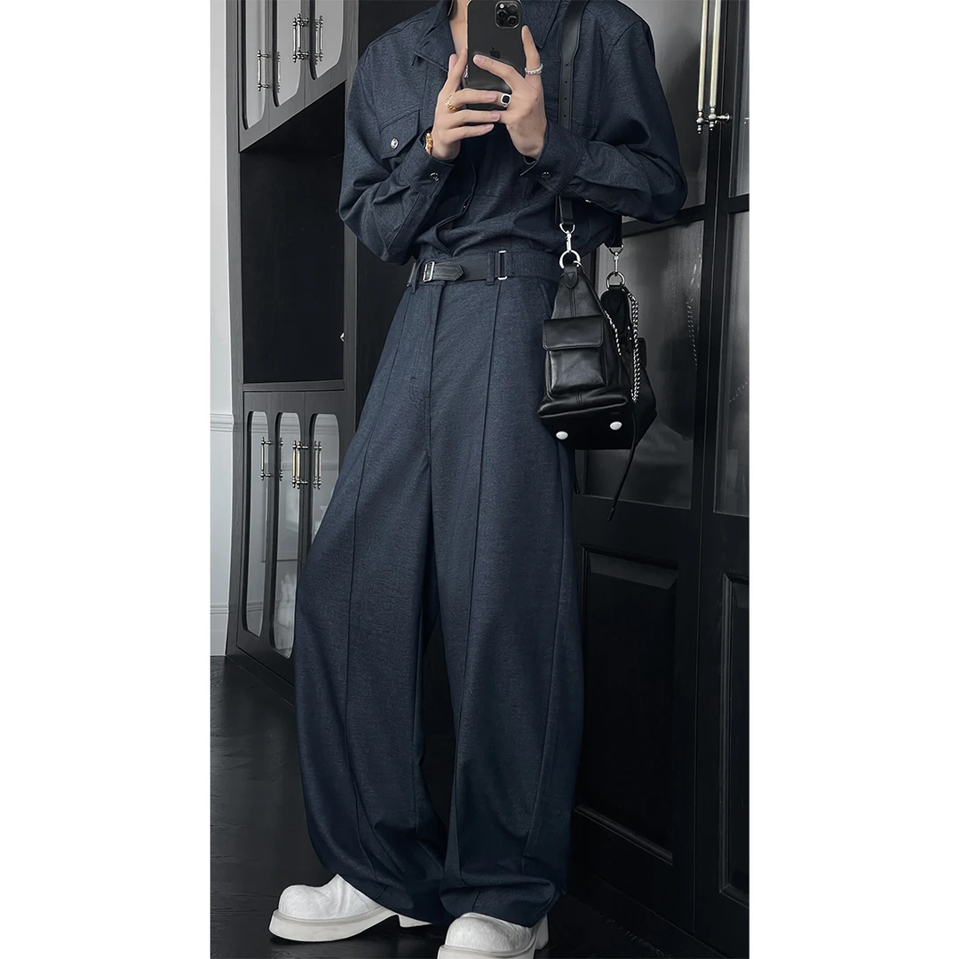 龙叨叨春季新款潮流复古拼接口袋衬衫宽松垂感弯刀休闲长裤套装