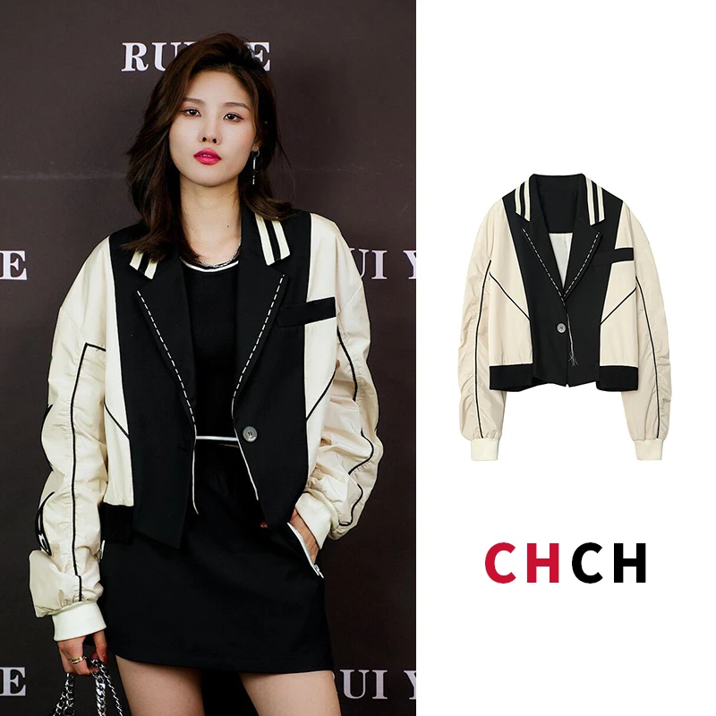 JY3WTQ83061秋季新款设计感撞色假两件拼接翻领百搭时尚短外套女