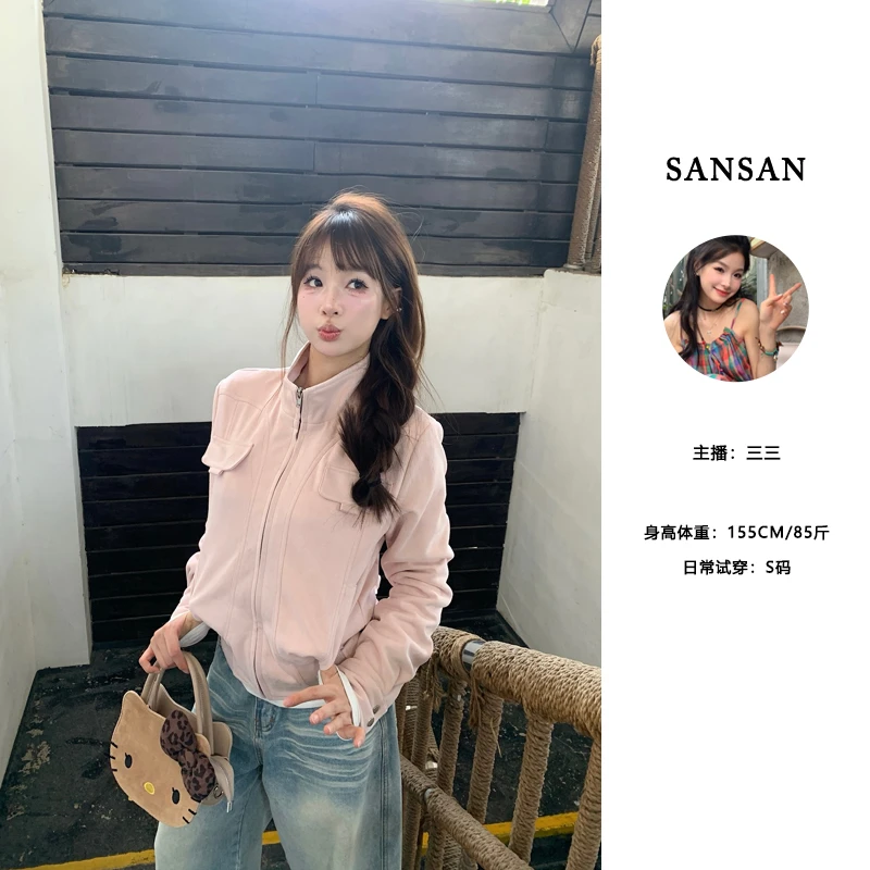 【三三】（韩女感！）休闲百搭夹克拼接加绒针织修身气质外套短上衣