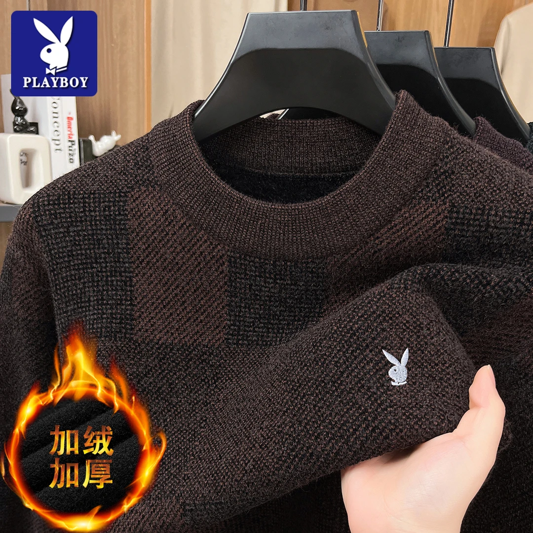 花花公子冬季加绒加厚针织毛衣男士高档刺绣保暖男装针织毛线衣
