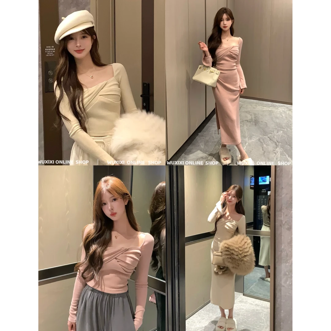 方领扭结针织上衣连衣裙女垂坠感长裙修身收腰开叉裙子