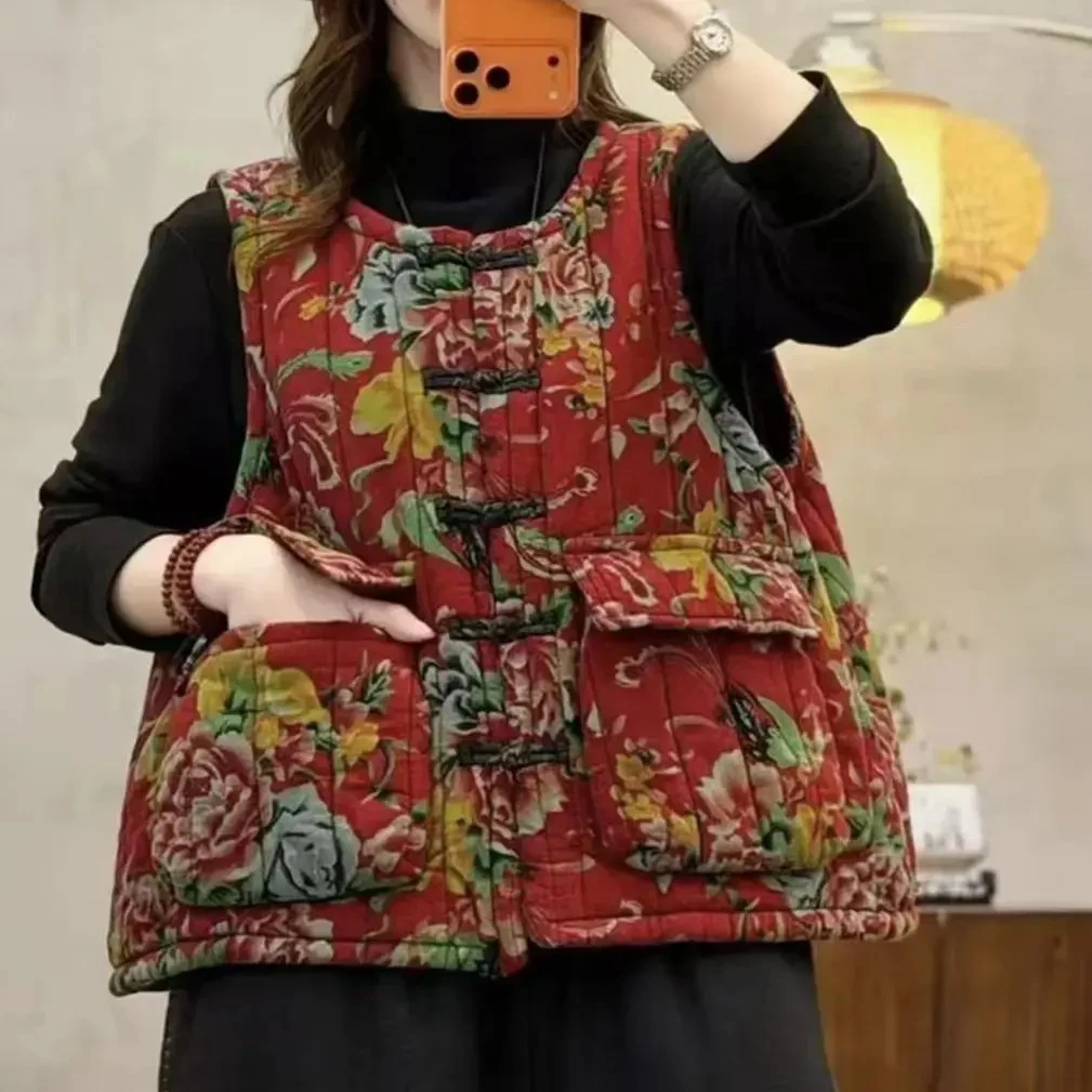 （运费补贴）2025秋冬新款加厚保暖民族风夹棉印花短款马夹马甲牛仔