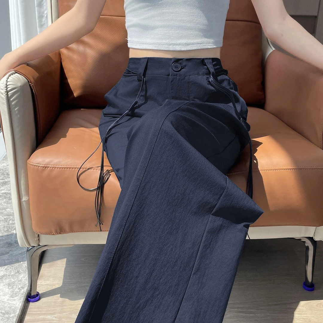 淳启藏青色速干干裤子女夏薄款小个子宽松直筒宽裤高腰显瘦冰丝西