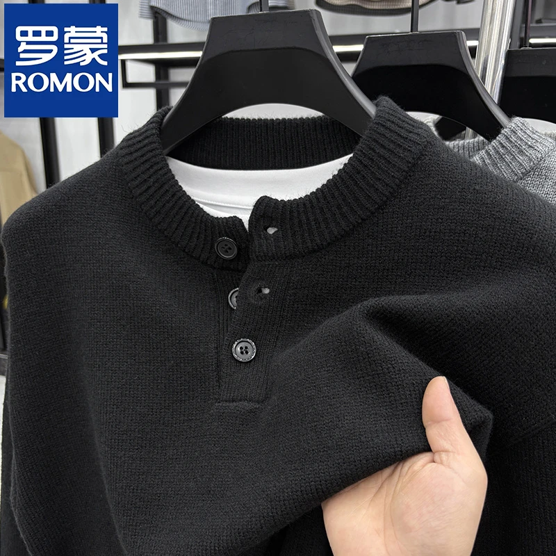 罗蒙秋冬季新款男士加厚保暖毛衣纽扣亨利领针织衫圆领纯色打底衫