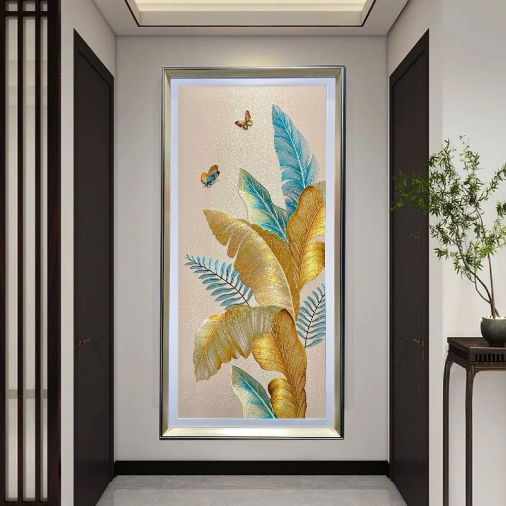 中式刺绣玄关现代装饰画走廊简约竖版轻奢入户挂画过道客厅树叶