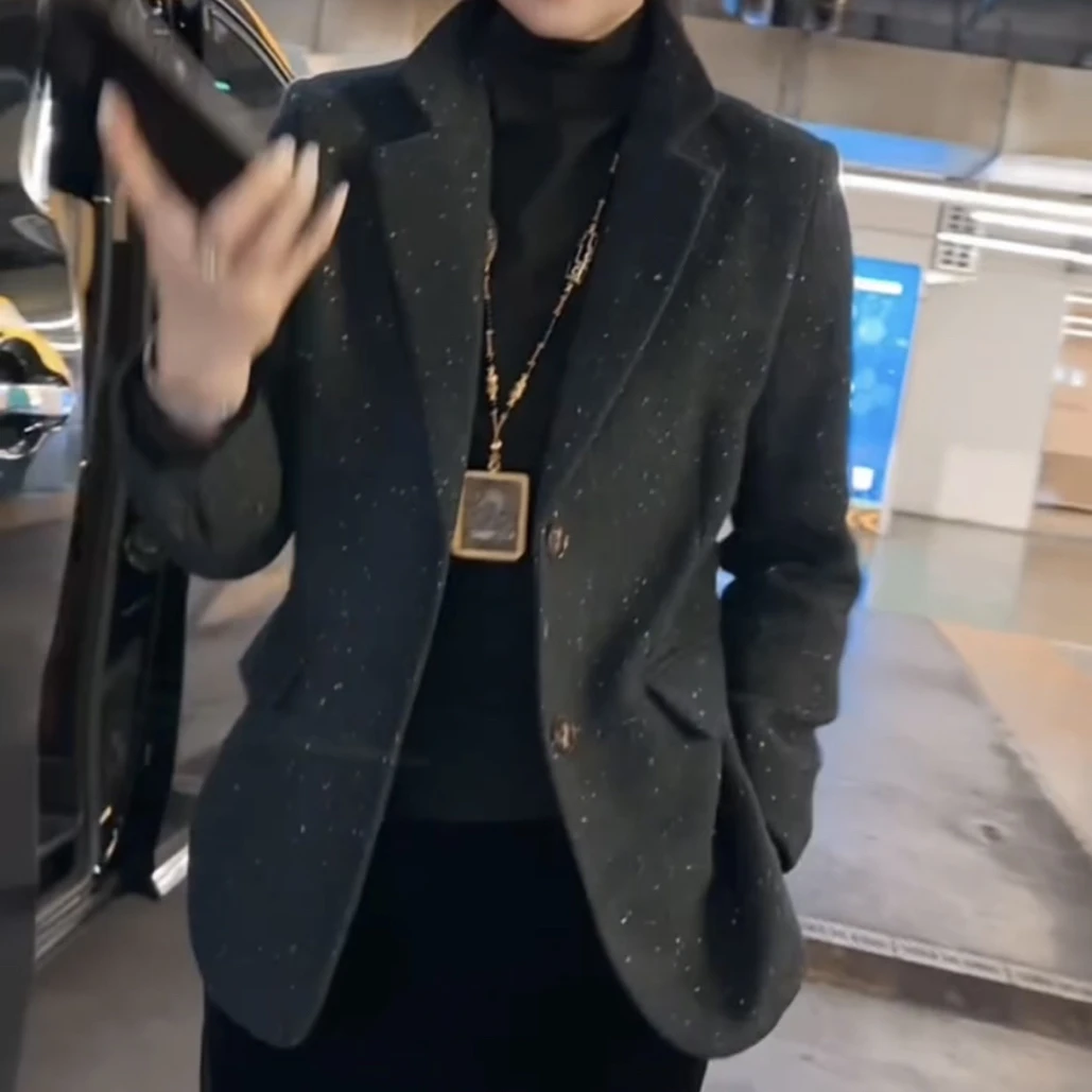 咖色毛呢女西装外套秋冬加厚修身休闲小个子西服上衣黑色百搭口袋