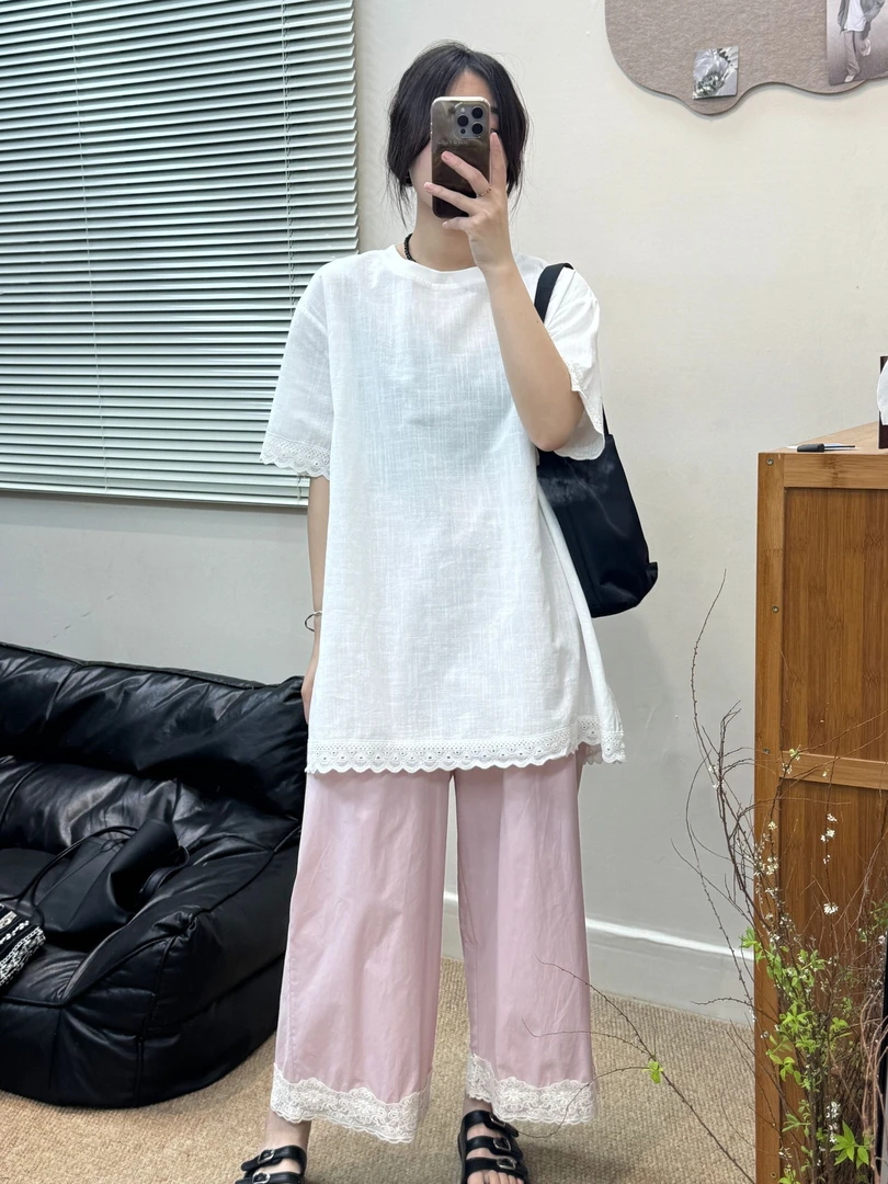 设计感圆领体恤衫蕾丝花边拼接短袖上衣时尚宽松T恤女夏季新款