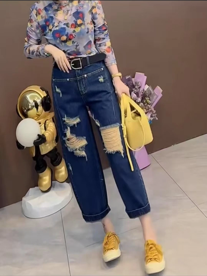 设计感破洞蓝色牛仔裤女大码镂空宽松显瘦夏季新款八九分裤