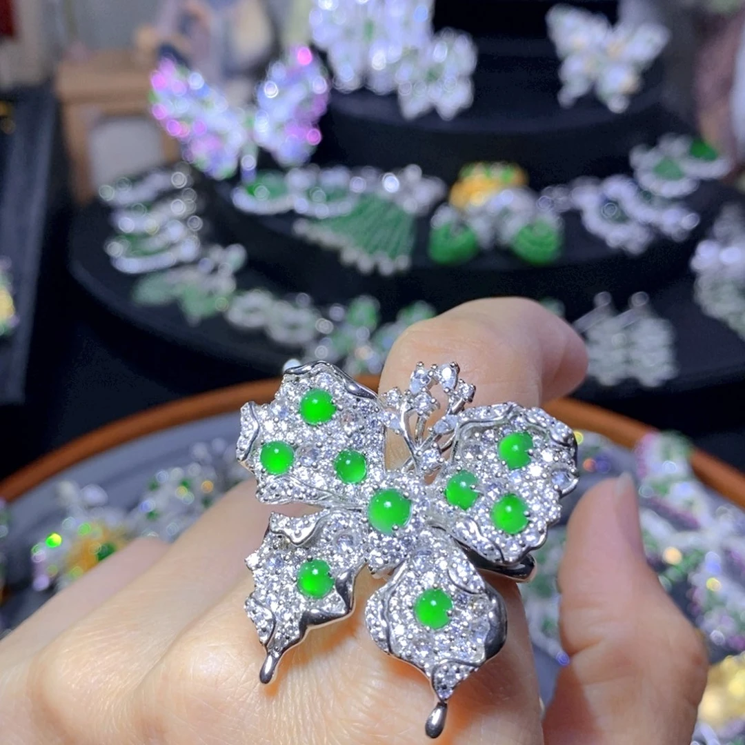 翡翠戒指银S925镶嵌天然翡翠