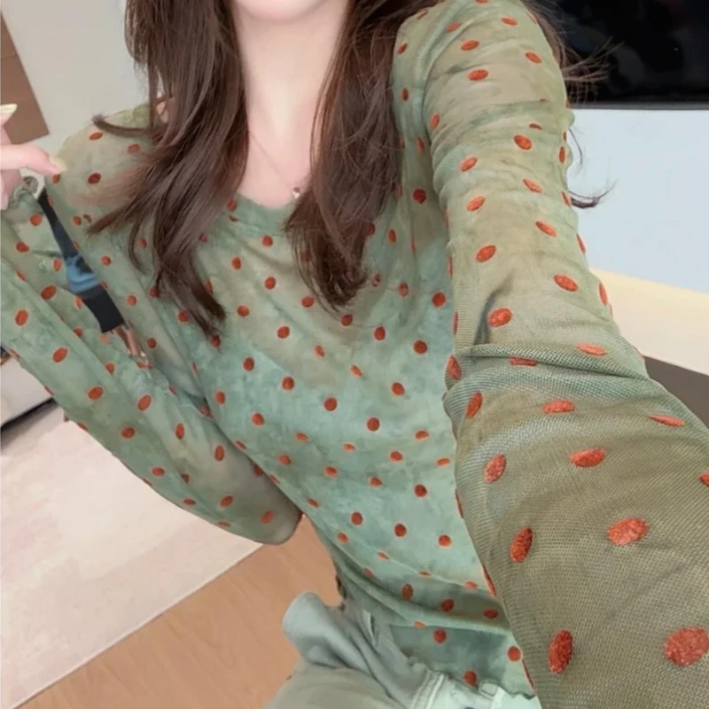 洋气微透设计感时尚波点小衫衬衫女2025春款修身凉感防晒长袖上衣