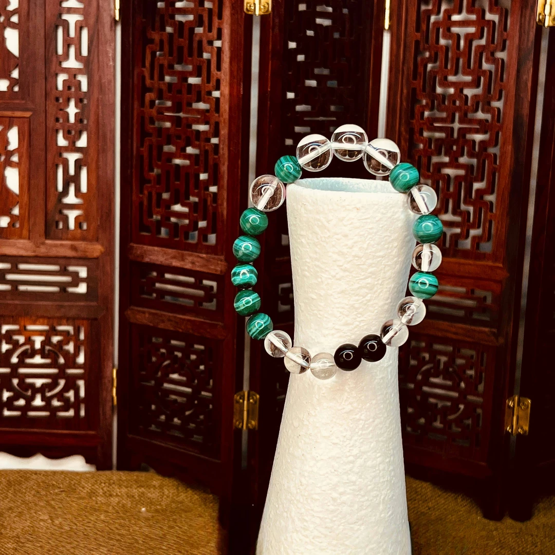 木能量珠串孔雀石水晶黑曜石水木相生