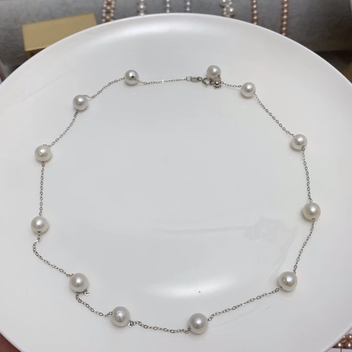 银S925镶嵌淡水珍珠白珍珠满天星项链6-7m