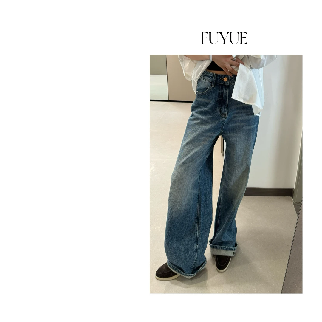 FUYUE赴约  品质春款牛仔宽松牛仔裤休闲百搭复古水洗美式时尚