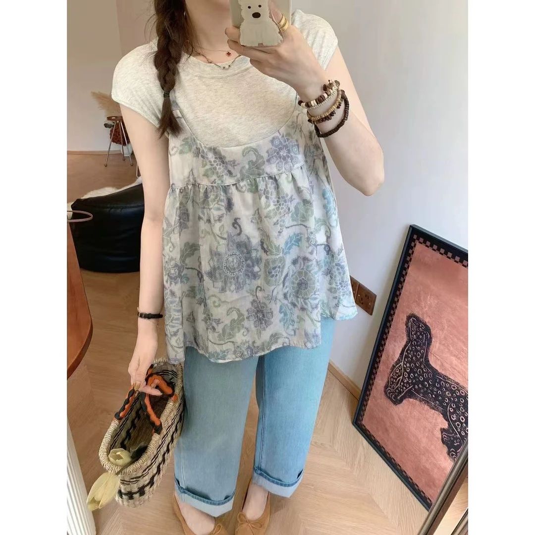 C87夏日薄荷绿~假日感冰丝上衣绘画吊带上衣两件套