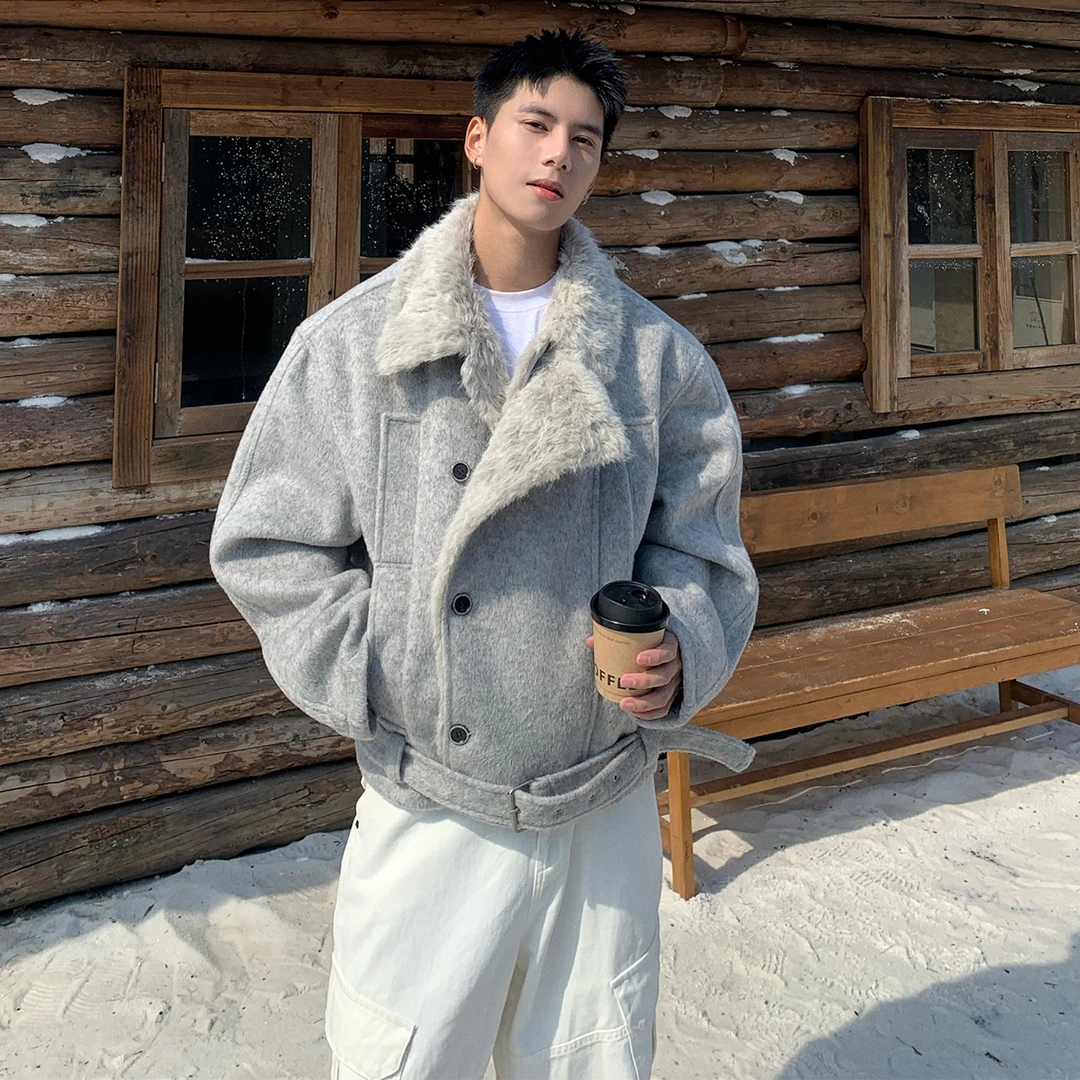 Holocene美式潮牌加厚高级感双排扣休闲短款毛呢夹克外套男880560