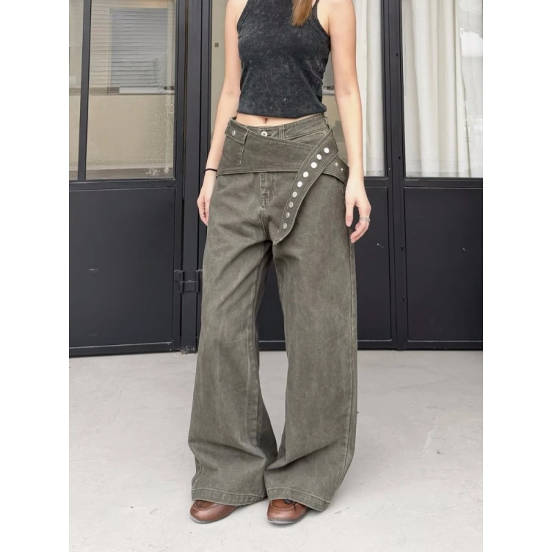 美式复古绿色屁帘牛仔裤女秋冬2025新款辣妹设计感宽松显瘦阔腿裤