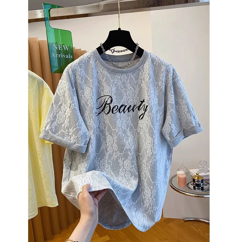 欧货240斤大码重工流行蕾丝拼接短袖上衣女夏季宽松胖妹妹洋气T恤