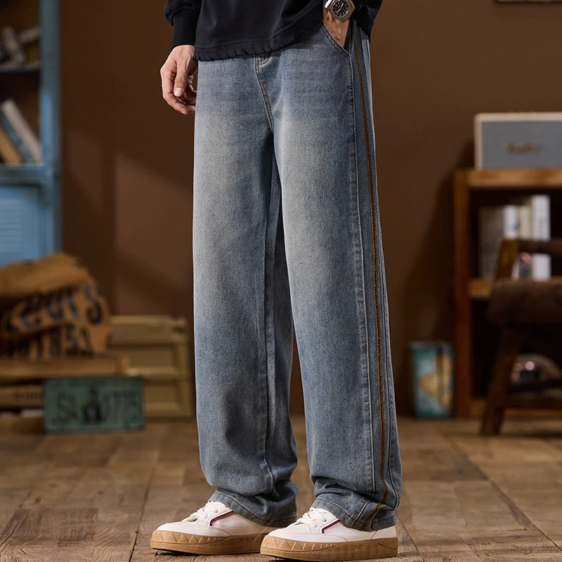 秋季长裤立体剪裁港风男士宽松牛仔裤复古欧美简约大码美式休闲