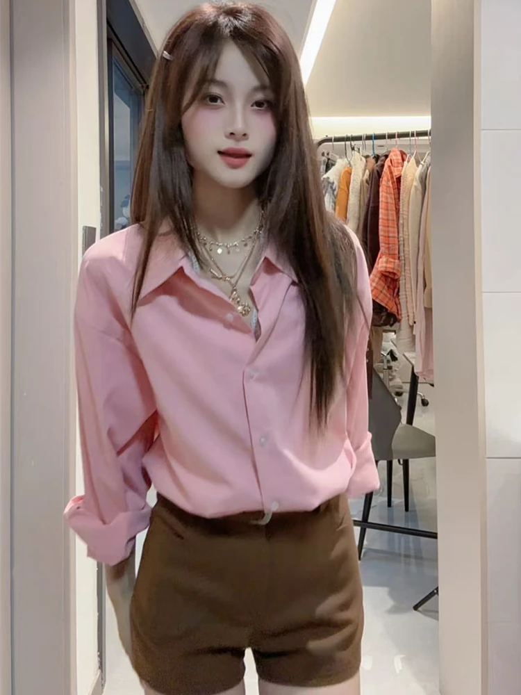 韩系字母刺绣粉色长袖衬衫女秋季2025年新款设计感慵懒风内搭上衣