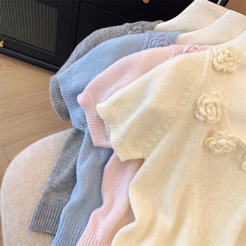 【201-300】方领毛针织衫甜美女短款打底衫百搭短袖夏季拼接时尚