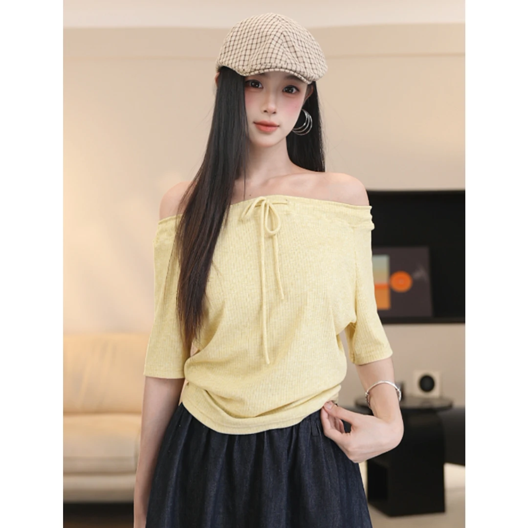 夏季三穿短袖薄款设计感T恤女显瘦小众收腰气质时尚一字肩上衣女