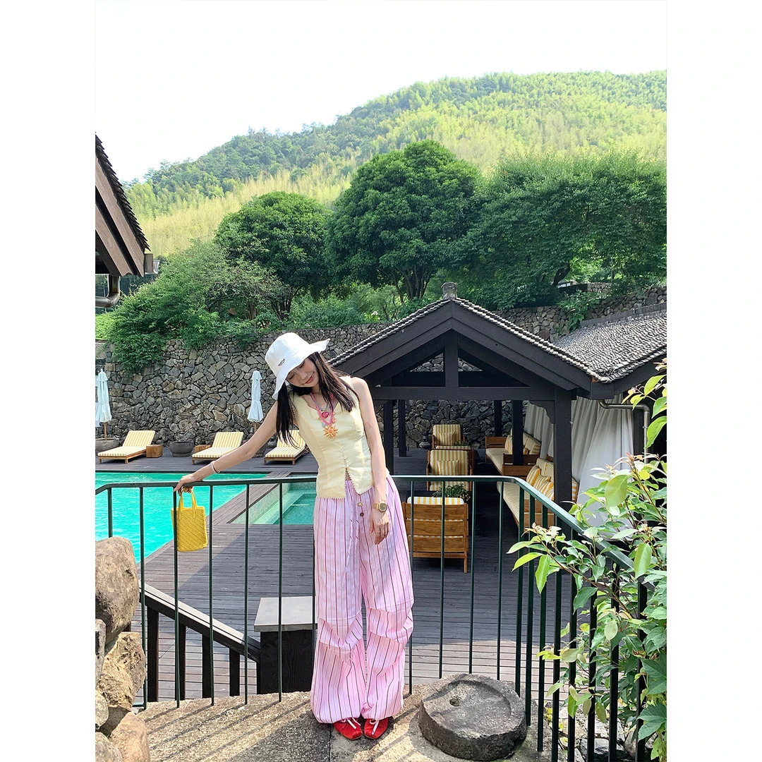 区区欧阳条纹工装裤女夏季薄款休闲裤宽松直筒阔腿裤复古拖地裤子