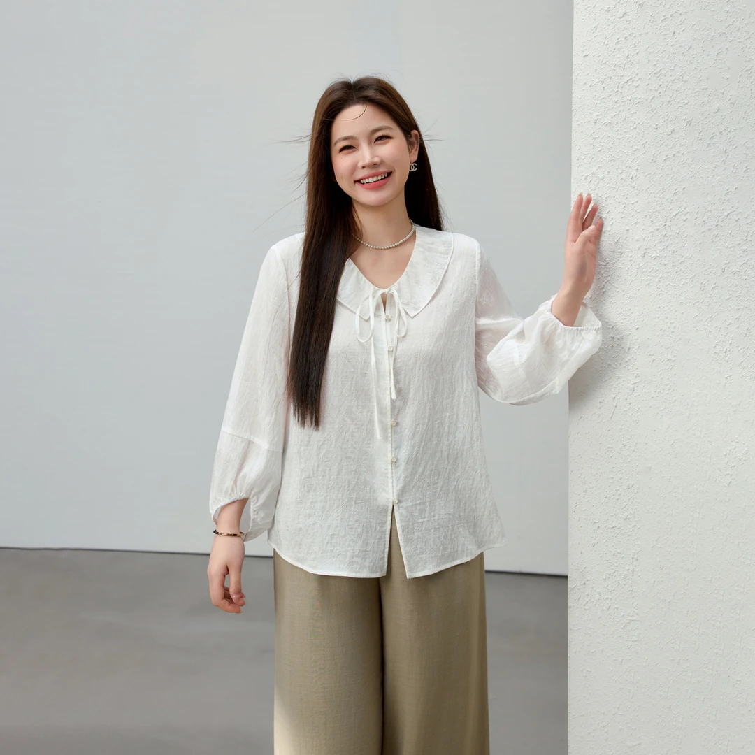【莱赛尔甜美别致衬衫】纤莉秀大码女装简约百搭显瘦减龄上衣QK1259
