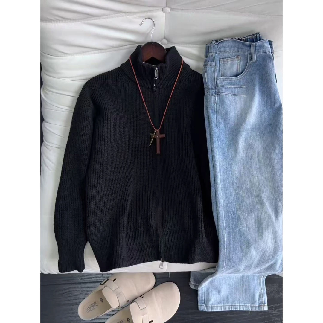 黑色双拉链毛衣开衫慵懒风加厚打底外套男款秋冬美式立领针织夹克