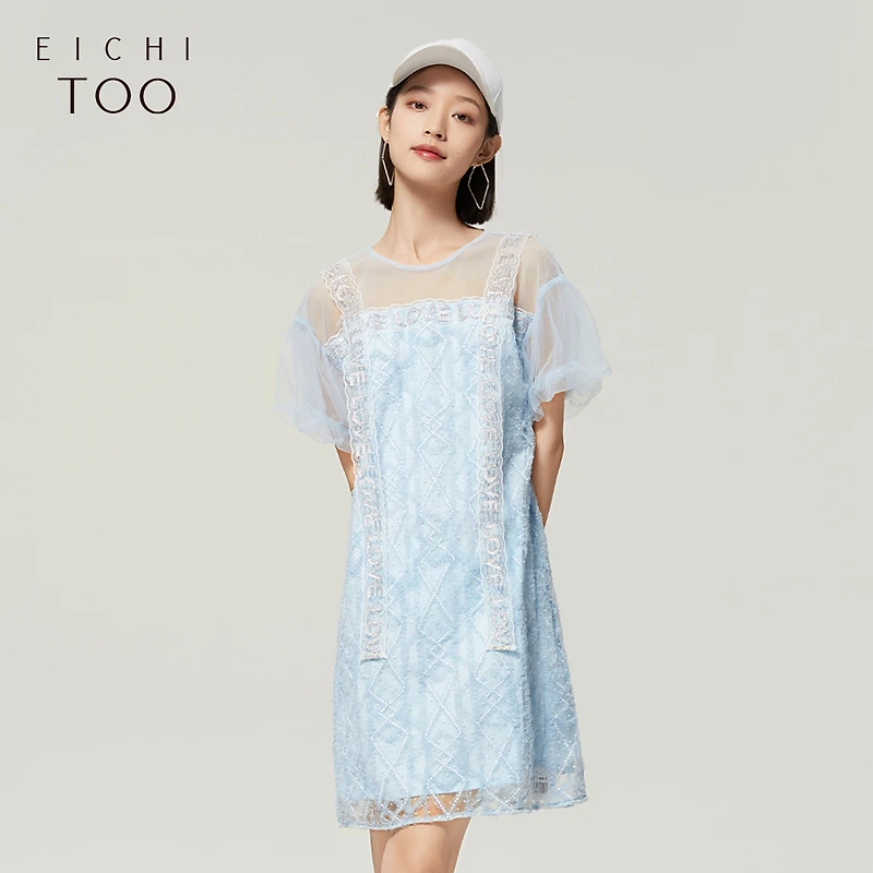 爱居兔女装圆领网纱立体绣花短袖连衣裙EQLBJ2M122A