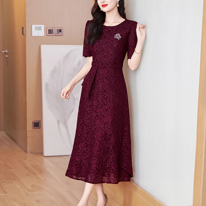深红色礼服高端轻奢高级感女装2025年夏季新款高贵蕾丝长款连衣裙