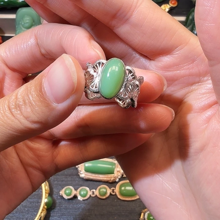 和田玉（碧玉）银S925镶嵌戒指粉青