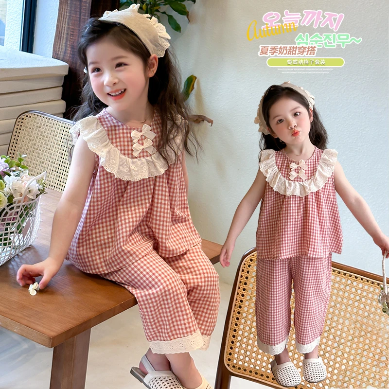 沐言家&女童夏款2025夏季新款蝴蝶结格子套装无袖阔腿裤套装薄款