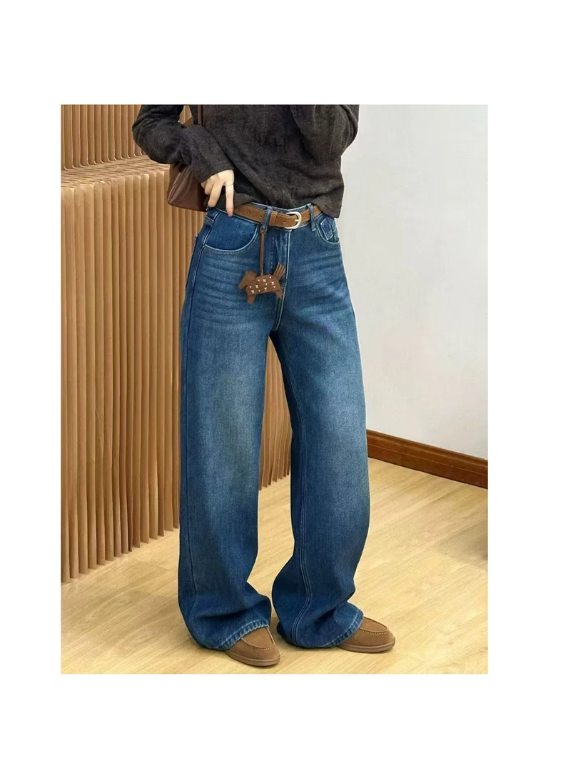 伊伊.冬季加绒加厚高腰显瘦窄版阔腿百搭牛仔直筒拖地长裤