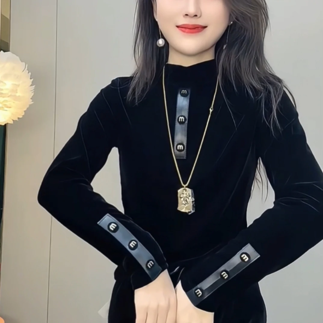 丝绒半高领长袖上衣秋冬季新款洋气T恤衫