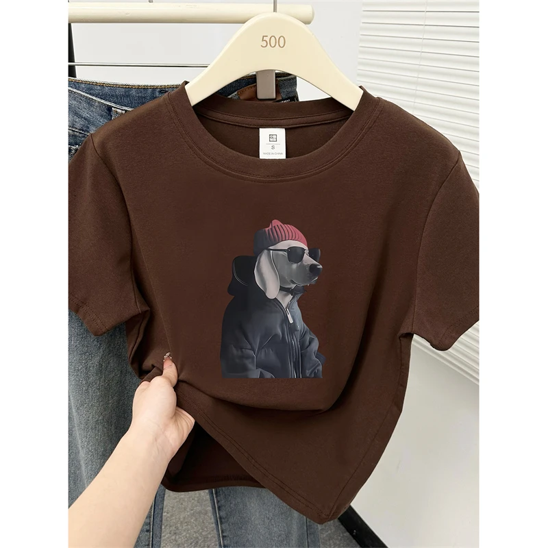 美式狗狗印花大码圆领短袖T恤女夏季新款胖MM遮肚子显瘦正肩上衣