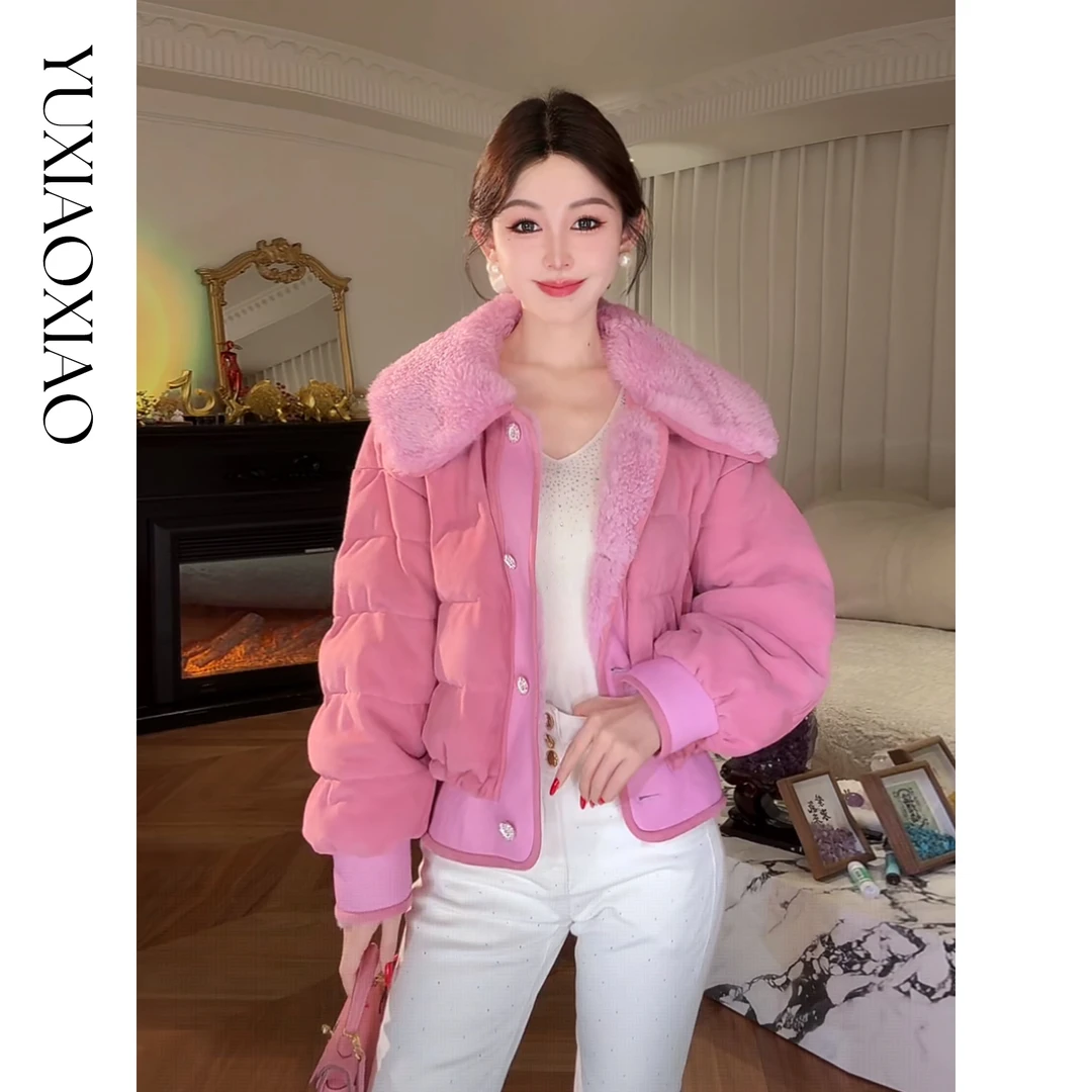 余潇潇【树莓泡芙】轻奢时尚90白鹅绒羊皮革翻领宽松短款皮草羽绒服