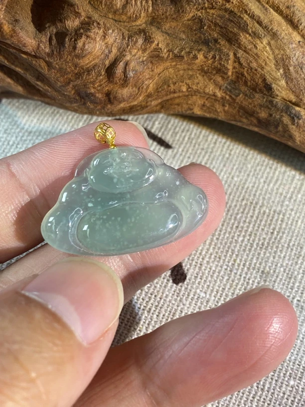 天然缅甸翡翠A货18k镶扣头天空蓝雪花棉佛公