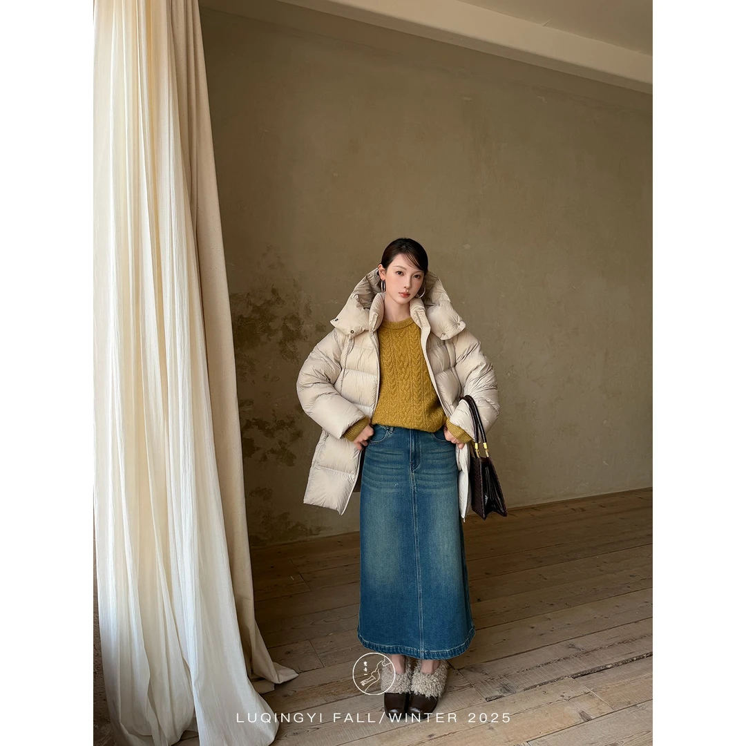 鹭青一原创【逢源 】复古水洗蓝加绒开叉牛仔半身裙L25Q7659B