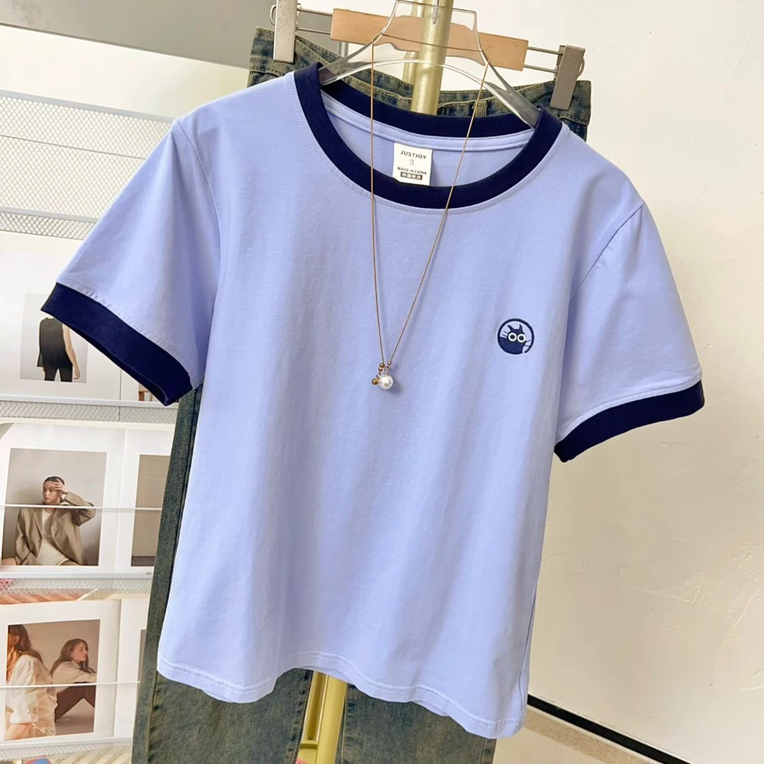 特大码刺绣猫咪弹力短袖t恤男女情侣夏季韩版洋气拼接上衣