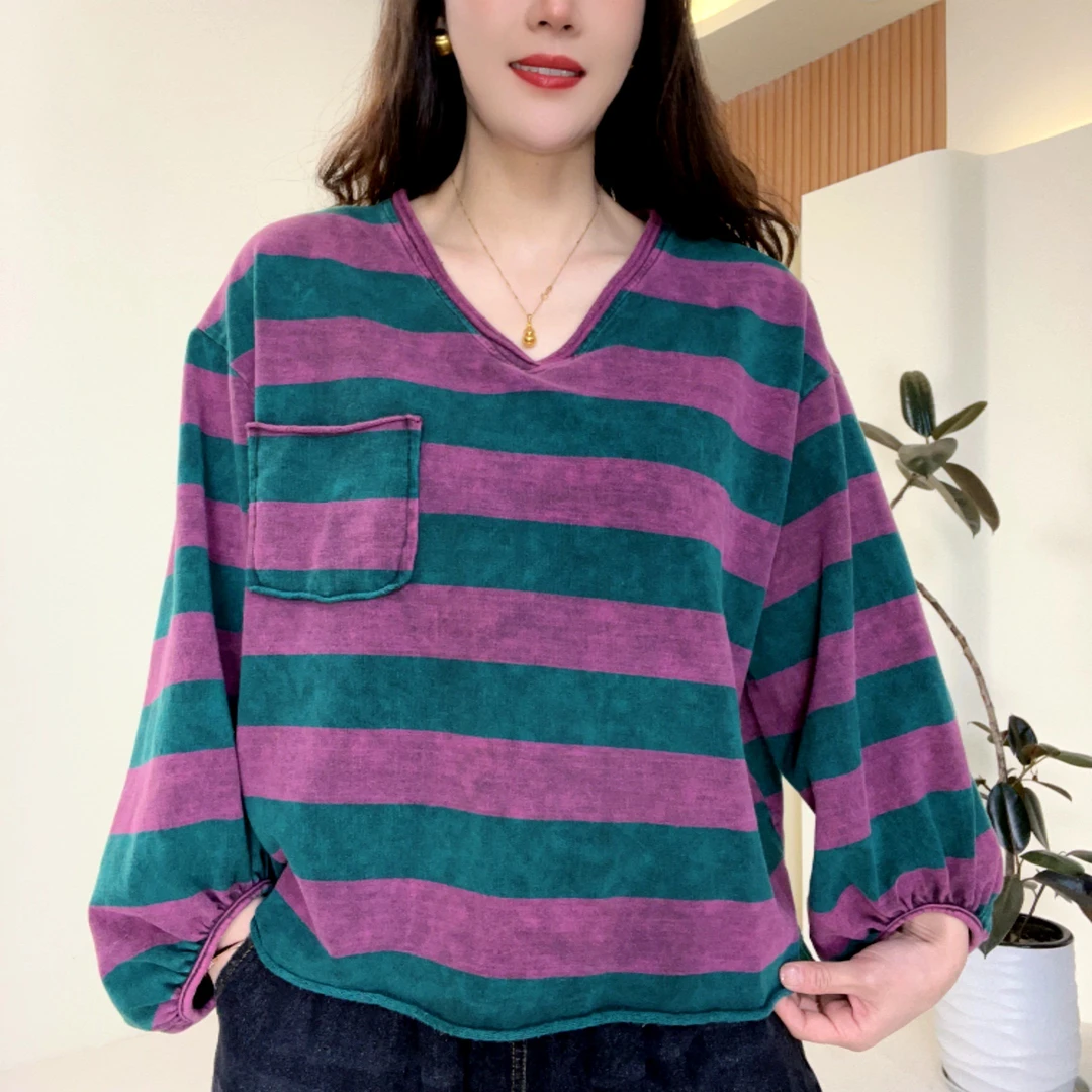 宽松条纹卫衣长袖女装大码宽松显瘦上衣