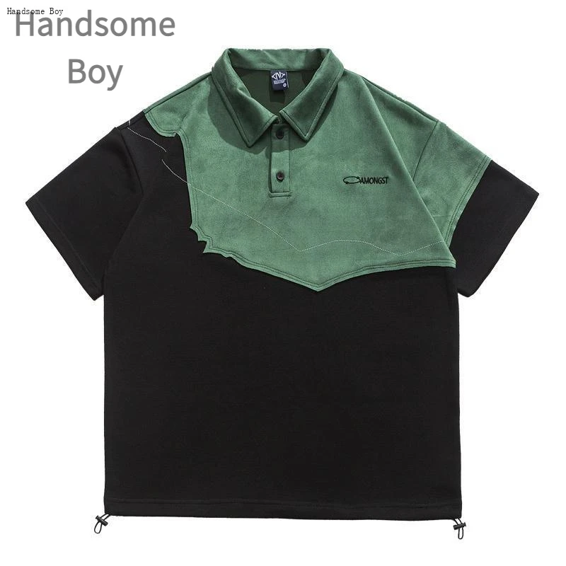 秋季美式复古潮流百搭ins韩版印花撞色宽松翻领男士大码polo半袖