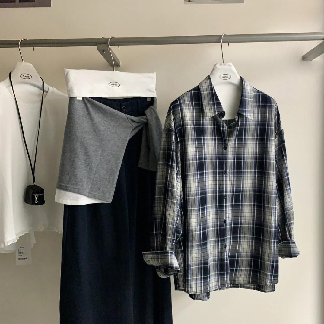 aurora@3329 韩系秋上新复古格纹宽松休闲衬衣 8-6