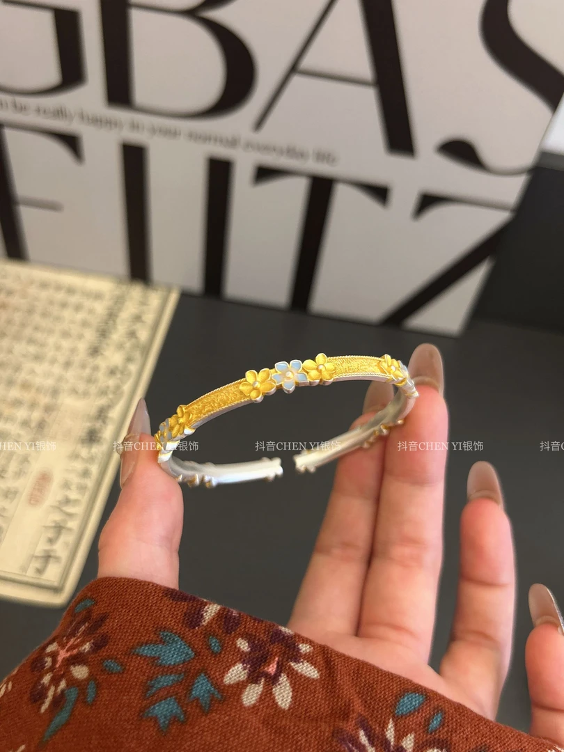 足银珐琅手镯 《花．卉》新中式国风描金珐琅开口手镯银饰手镯