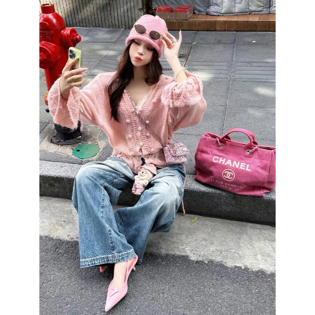 秋季粉色薄款针织衫外搭上衣奶fufu慵懒风高级感超好看毛衣开衫女