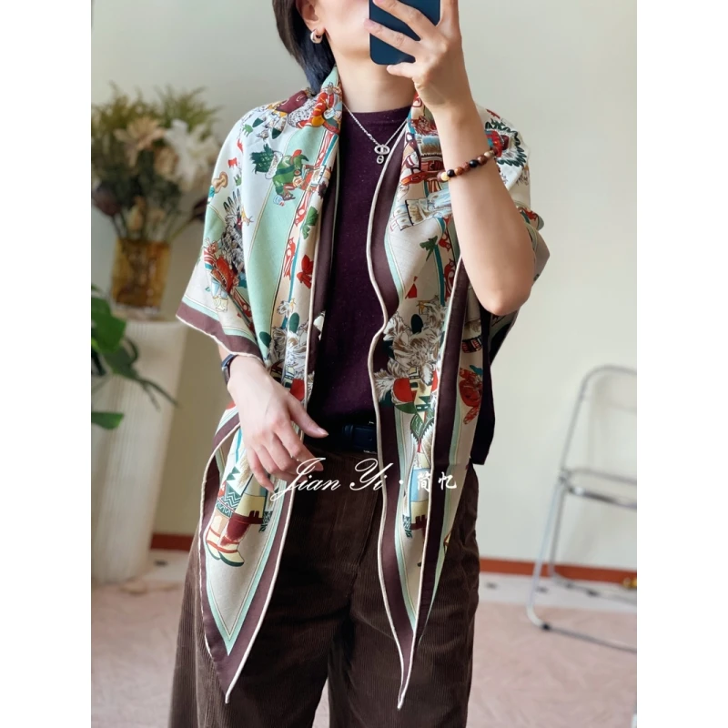 【卡其纳神话】经典百搭桑蚕丝真丝羊毛大三角巾双面披肩围巾女