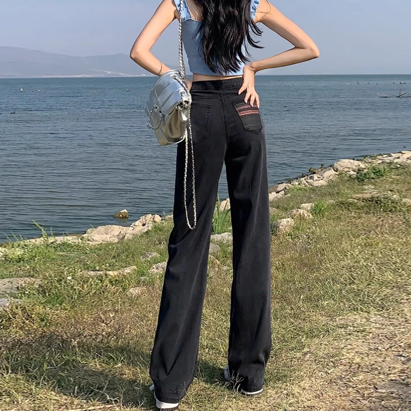 拉夏贝尔天丝牛仔裤女高腰2025年夏季薄款显瘦冰丝垂感窄版阔腿裤