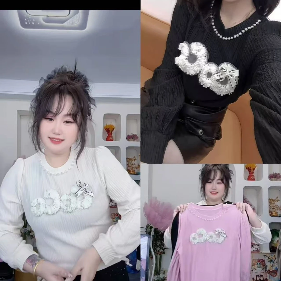 L L琳大码减龄休闲风黑色长袖T恤圆领珍珠装饰显瘦百搭上衣88010