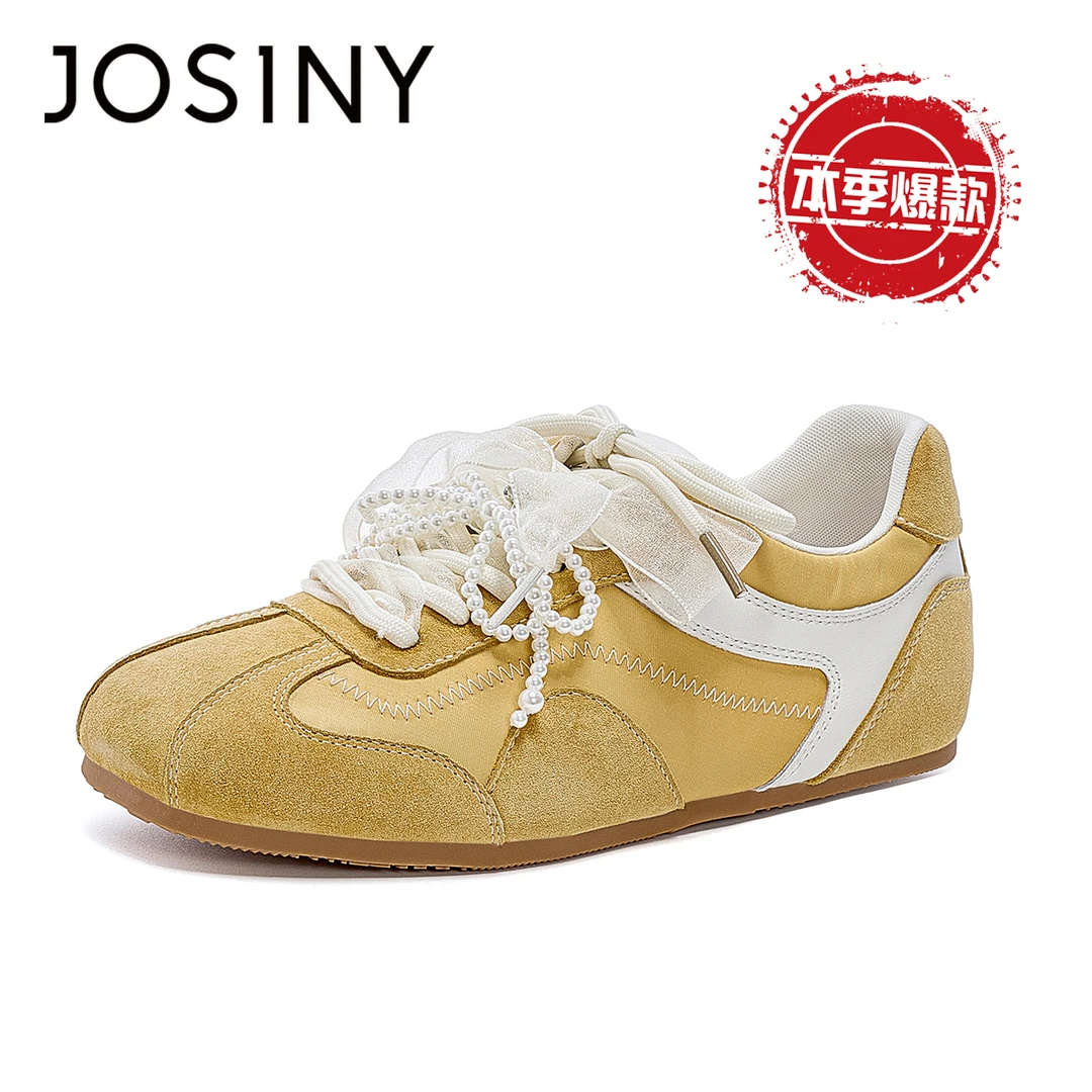 卓诗尼芭蕾德训鞋女2025夏季新款网红百搭珍珠蝴蝶结休闲软底板鞋