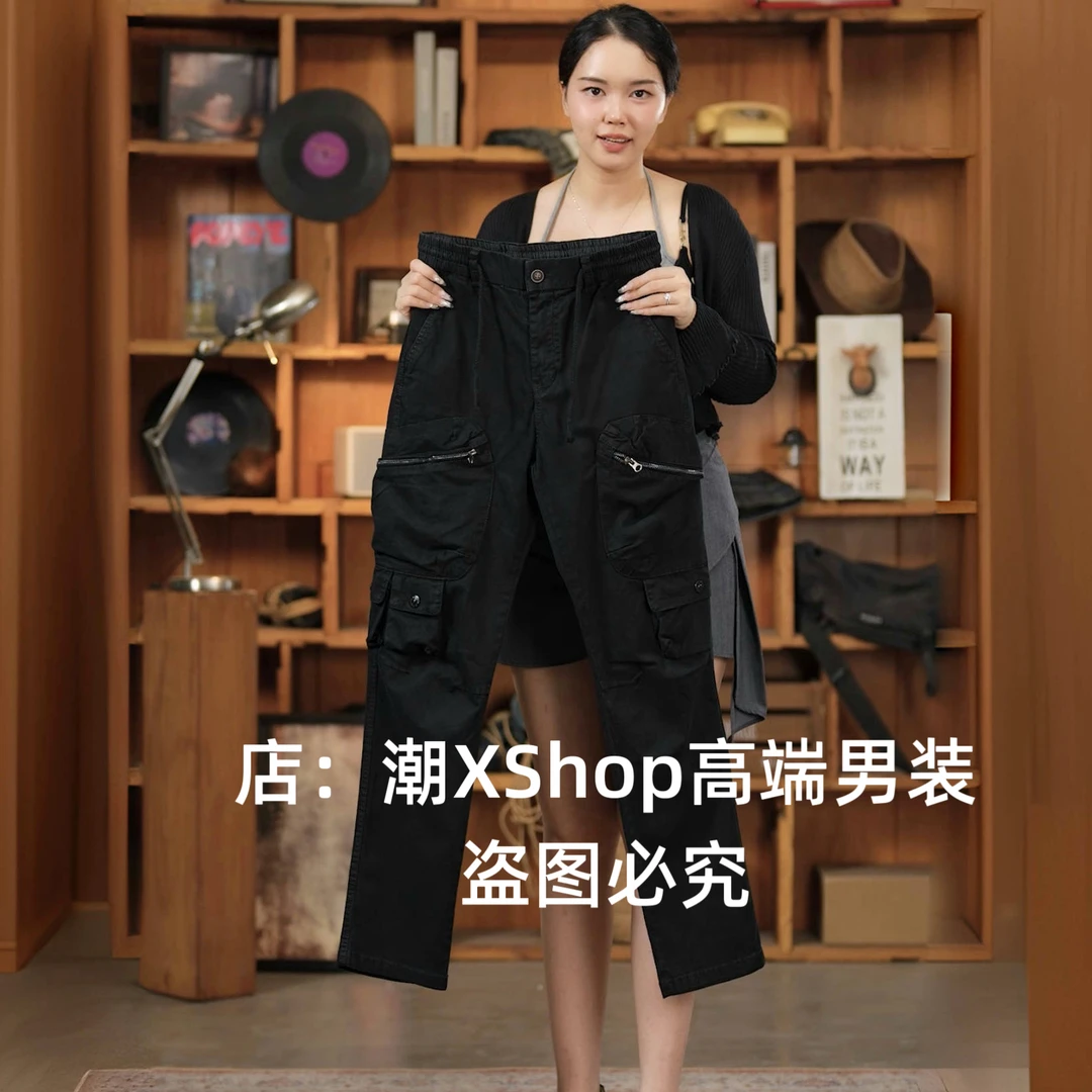 潮X秋冬季高端原创黑色多口袋男士休闲工装裤宽松直筒长裤百搭潮