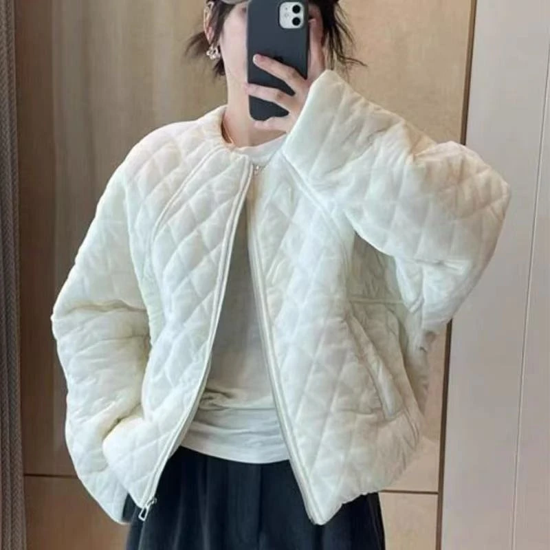 ins韩系短款宽松棉服丝绒棉衣外套女新款秋冬季小个子菱形格棉袄